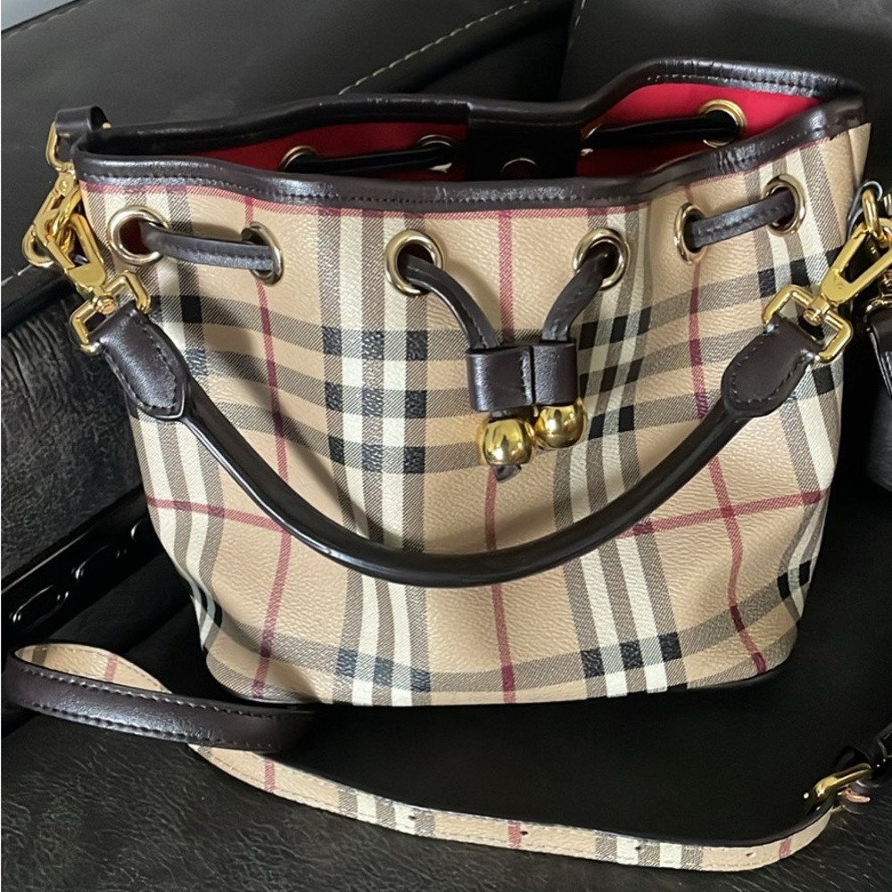 Plaid Designer Bucket Bag with Leather Trim